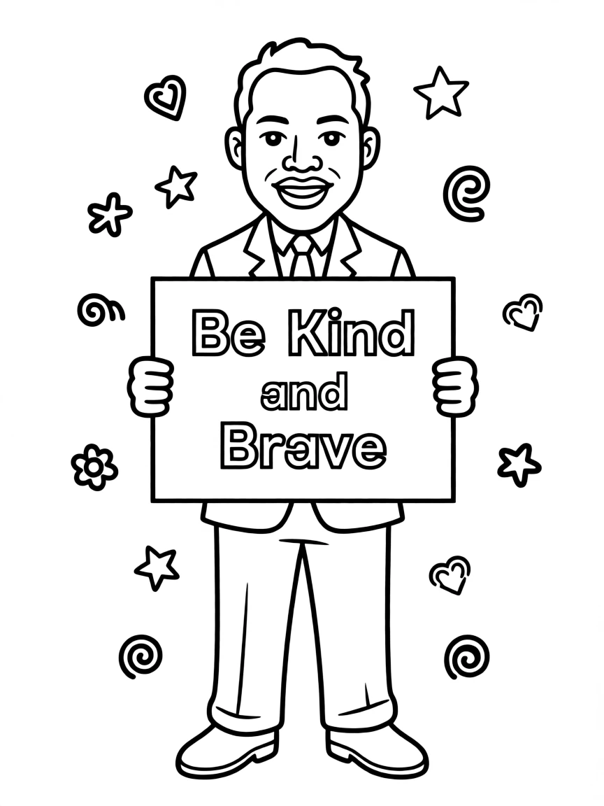 A cute coloring page of Martin Luther King Jr. holding a sign about kindness or bravery, with stars and doodles around.