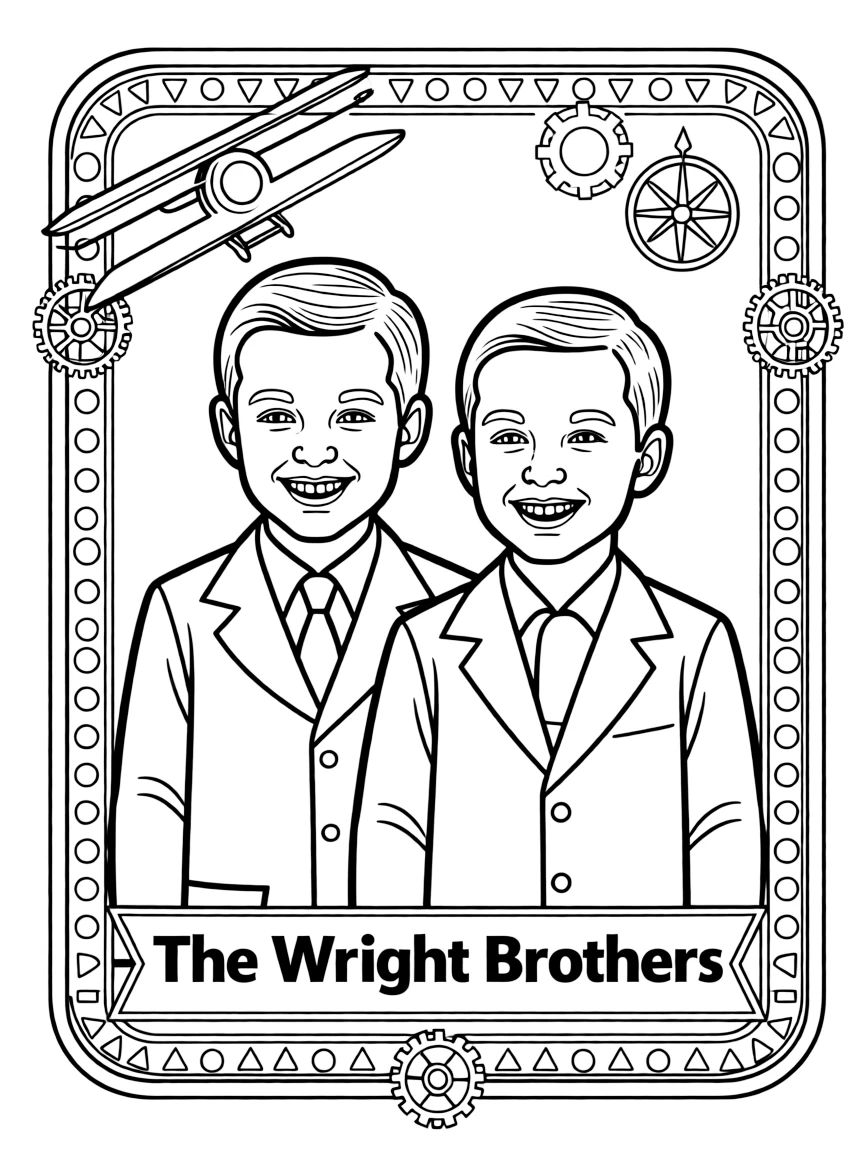 A portrait of The Wright Brothers with a big smile, framed with decorative borders and symbols of their time period.