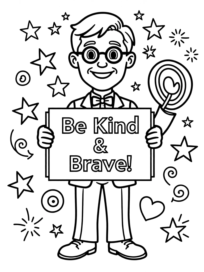 A cute coloring page of Theodore Roosevelt holding a sign about kindness or bravery, with stars and doodles around.