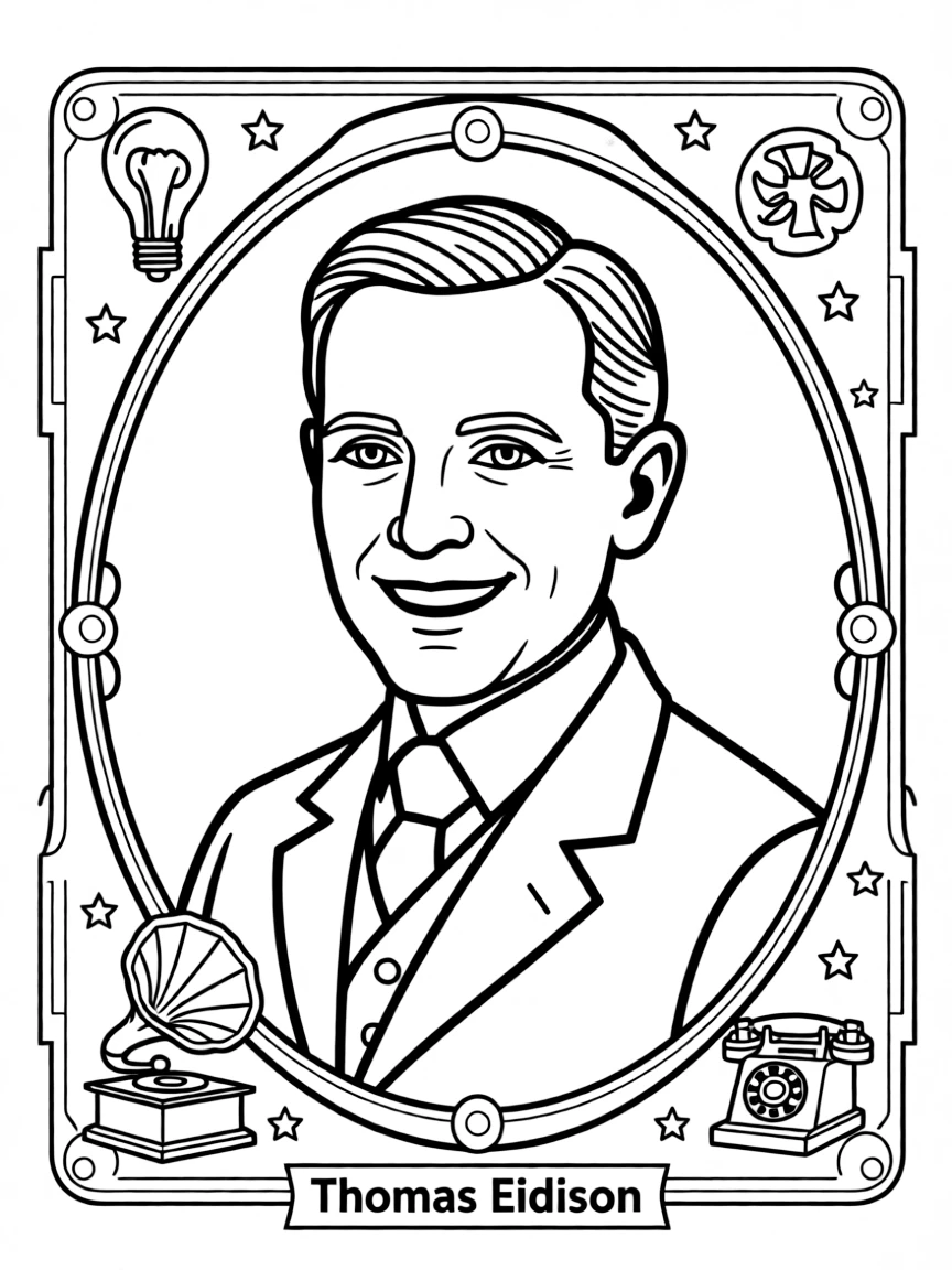 A portrait of Thomas Edison with a big smile, framed with decorative borders and symbols of their time period.