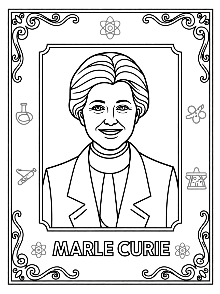 A portrait of Marie Curie with a big smile, framed with decorative borders and symbols of their time period.