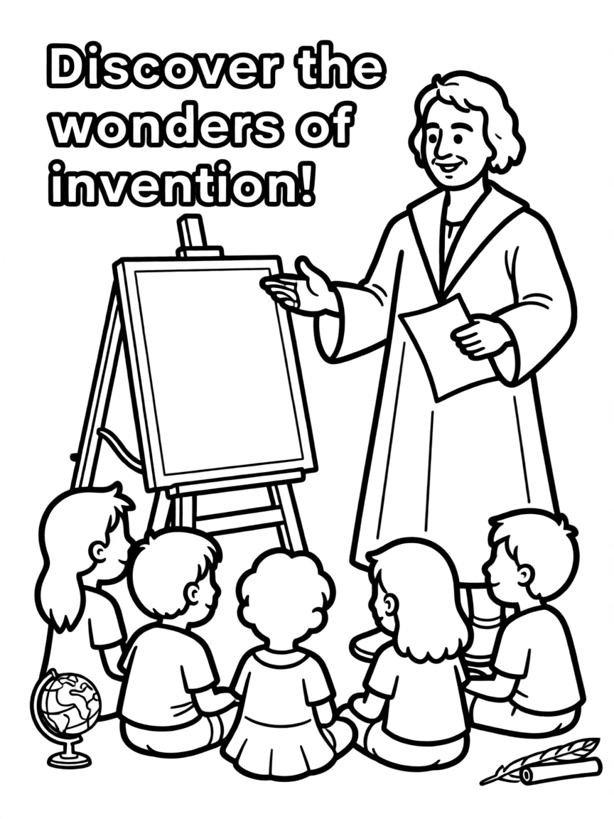 A fun coloring page of Leonardo da Vinci giving a speech to children.