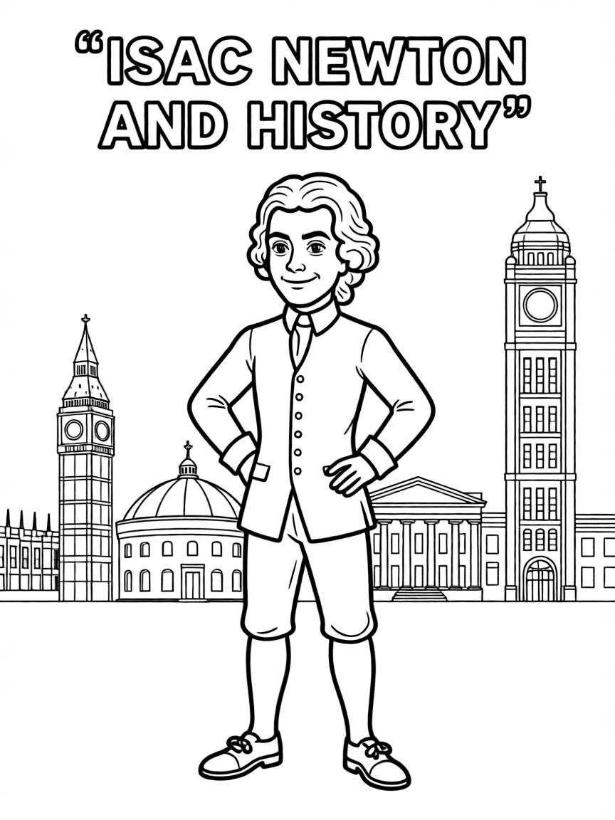 Isaac Newton standing proudly with historical landmarks in the background.
