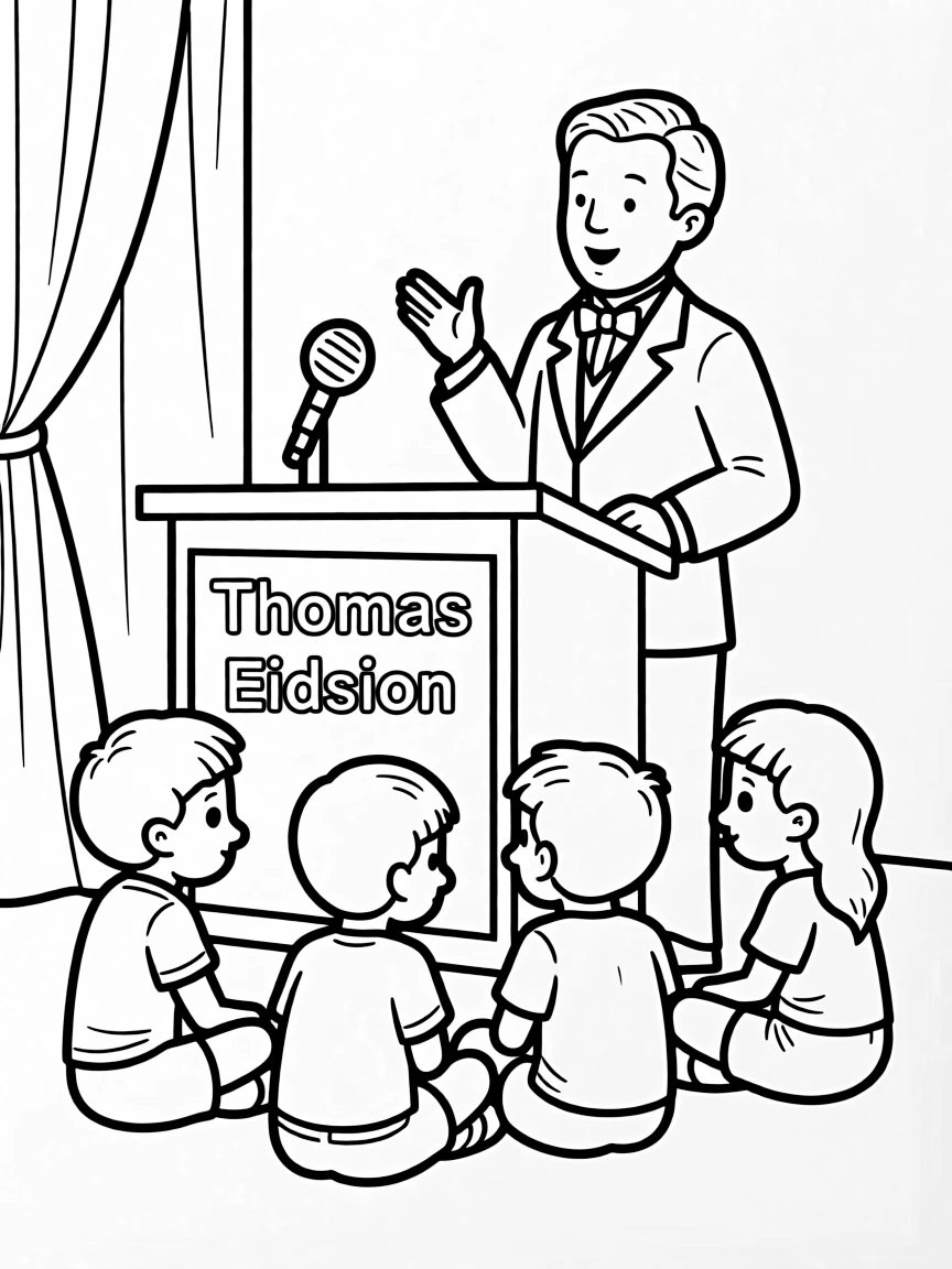 A fun coloring page of Thomas Edison giving a speech to children.