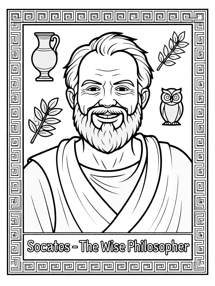 A portrait of Socrates with a big smile, framed with decorative borders and symbols of their time period.