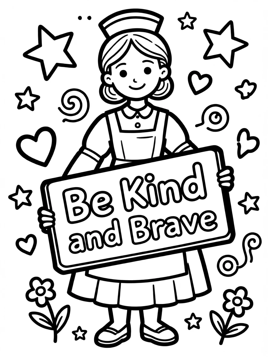 A cute coloring page of Florence Nightingale holding a sign about kindness or bravery, with stars and doodles around.