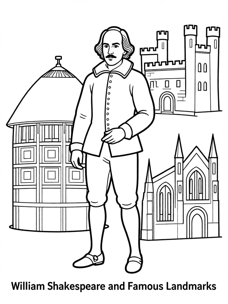 William Shakespeare standing proudly with historical landmarks in the background.