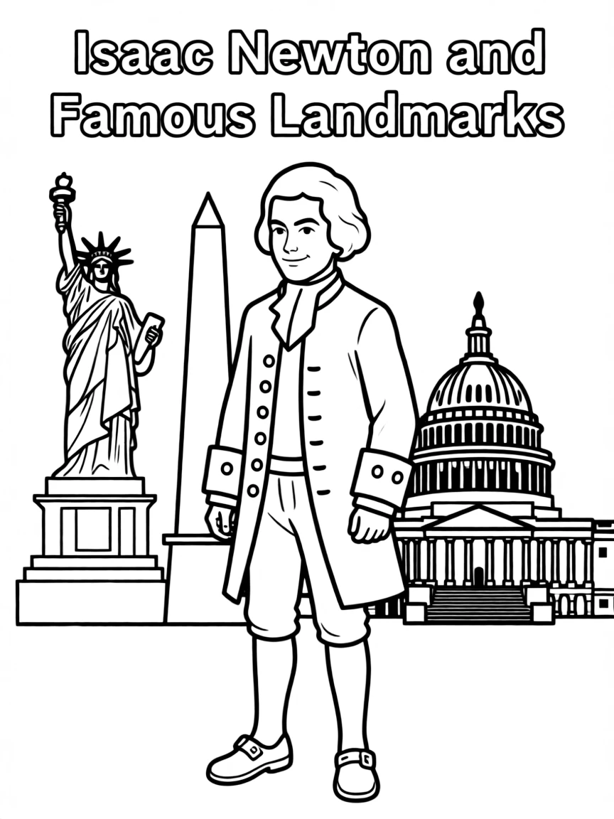 Isaac Newton standing proudly with historical landmarks in the background.