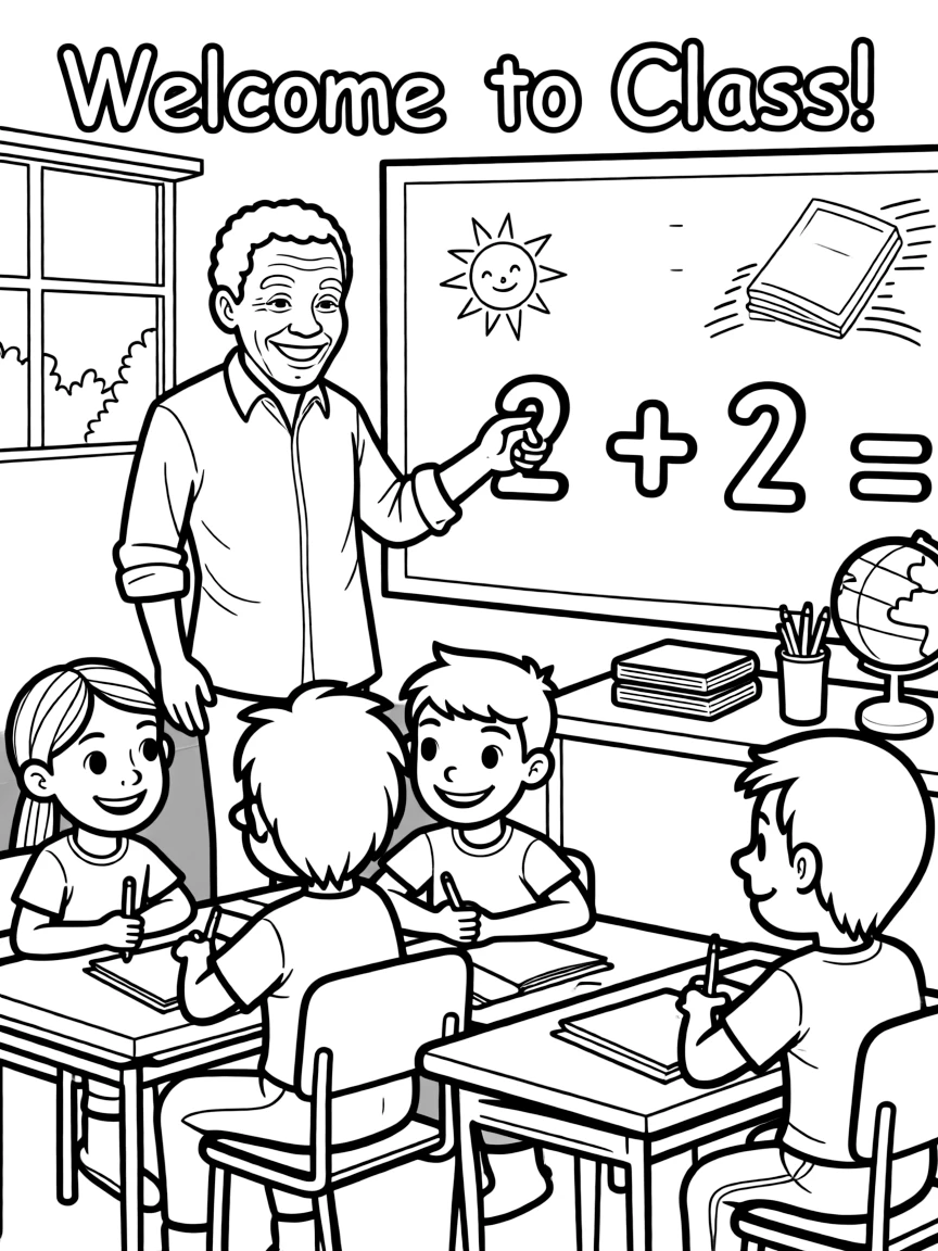 Nelson Mandela teaching children, with educational items like chalkboards and pencils, in a friendly classroom scene.