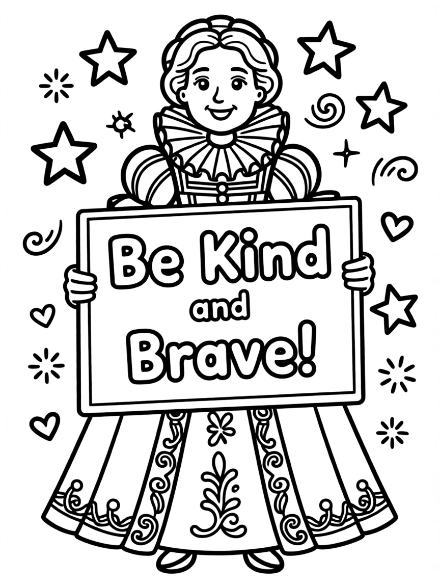 A cute coloring page of Queen Elizabeth I holding a sign about kindness or bravery, with stars and doodles around.
