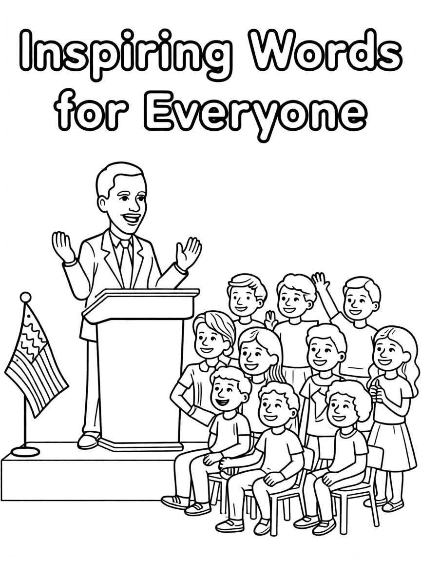 A fun coloring page of Barack Obama giving a speech to children.