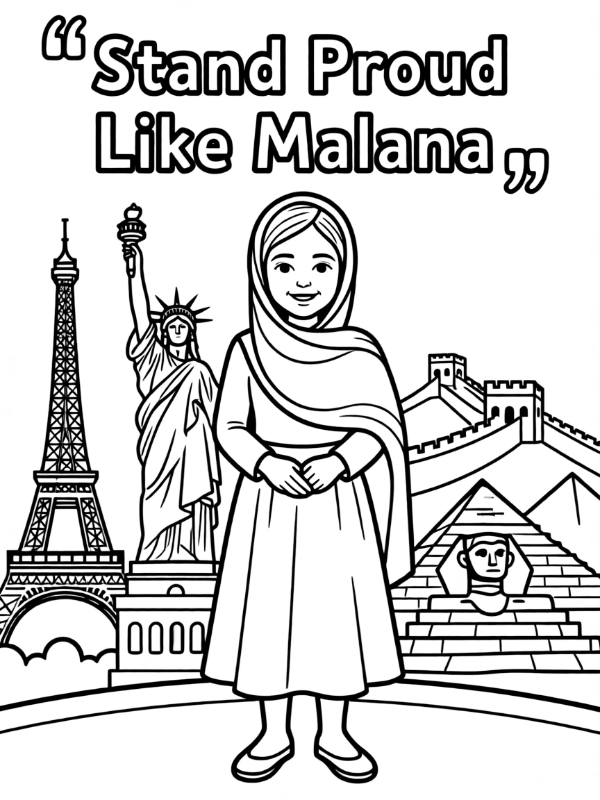 Malala Yousafzai standing proudly with historical landmarks in the background.