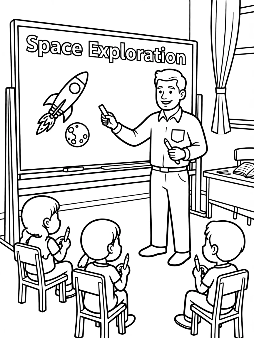 Neil Armstrong teaching children, with educational items like chalkboards and pencils, in a friendly classroom scene.