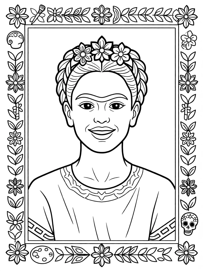 A portrait of Frida Kahlo with a big smile, framed with decorative borders and symbols of their time period.