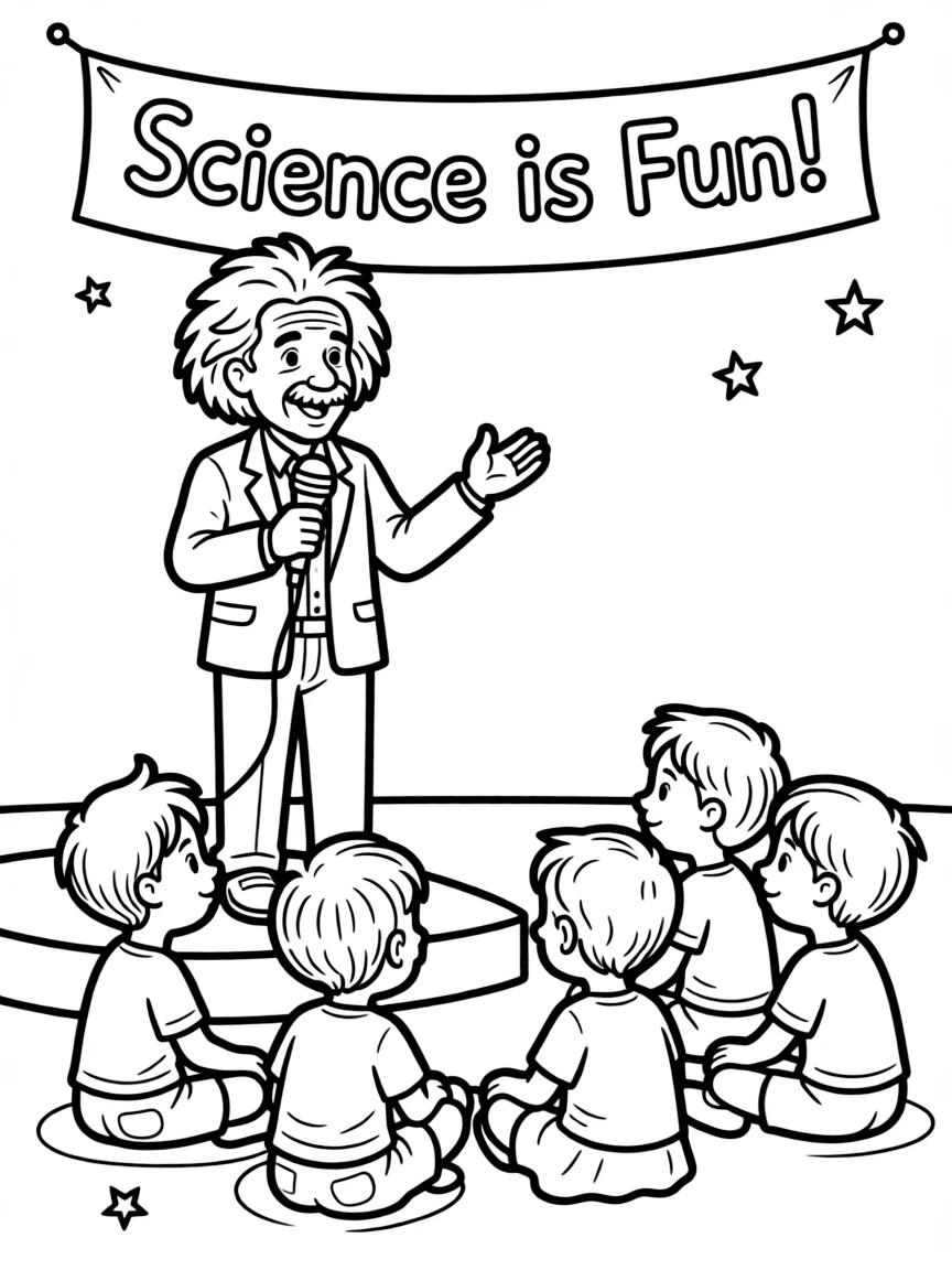 A fun coloring page of Albert Einstein giving a speech to children.