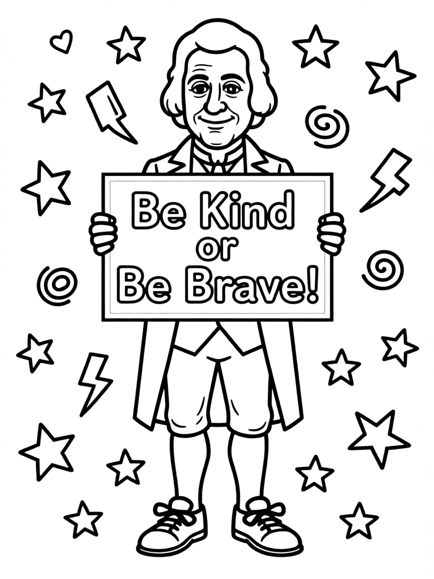A cute coloring page of Benjamin Franklin holding a sign about kindness or bravery, with stars and doodles around.