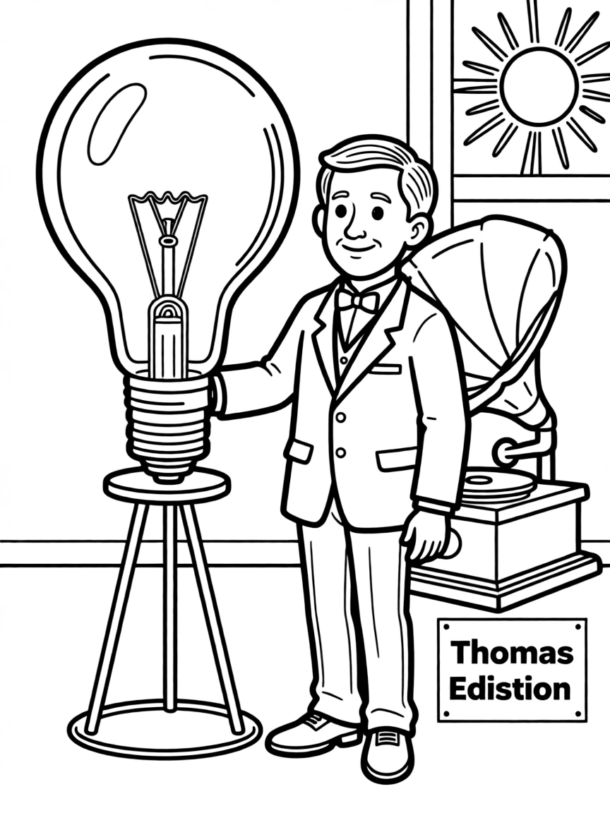 A cartoon-style drawing of Thomas Edison.