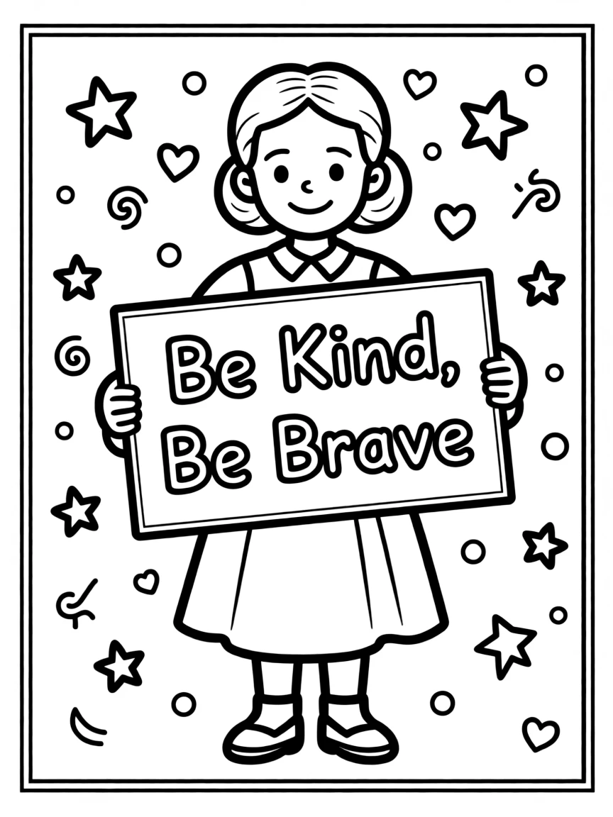 A cute coloring page of Marie Curie holding a sign about kindness or bravery, with stars and doodles around.