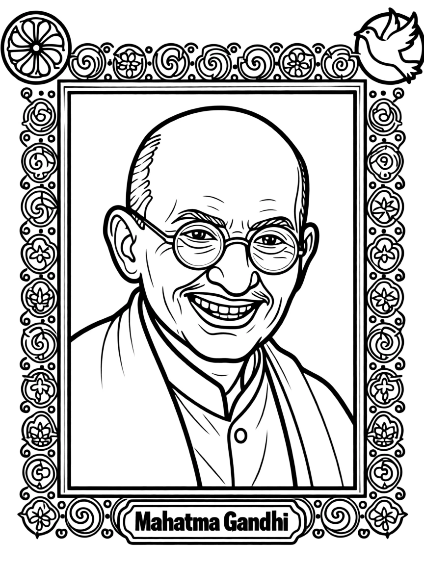 A portrait of Mahatma Gandhi with a big smile, framed with decorative borders and symbols of their time period.