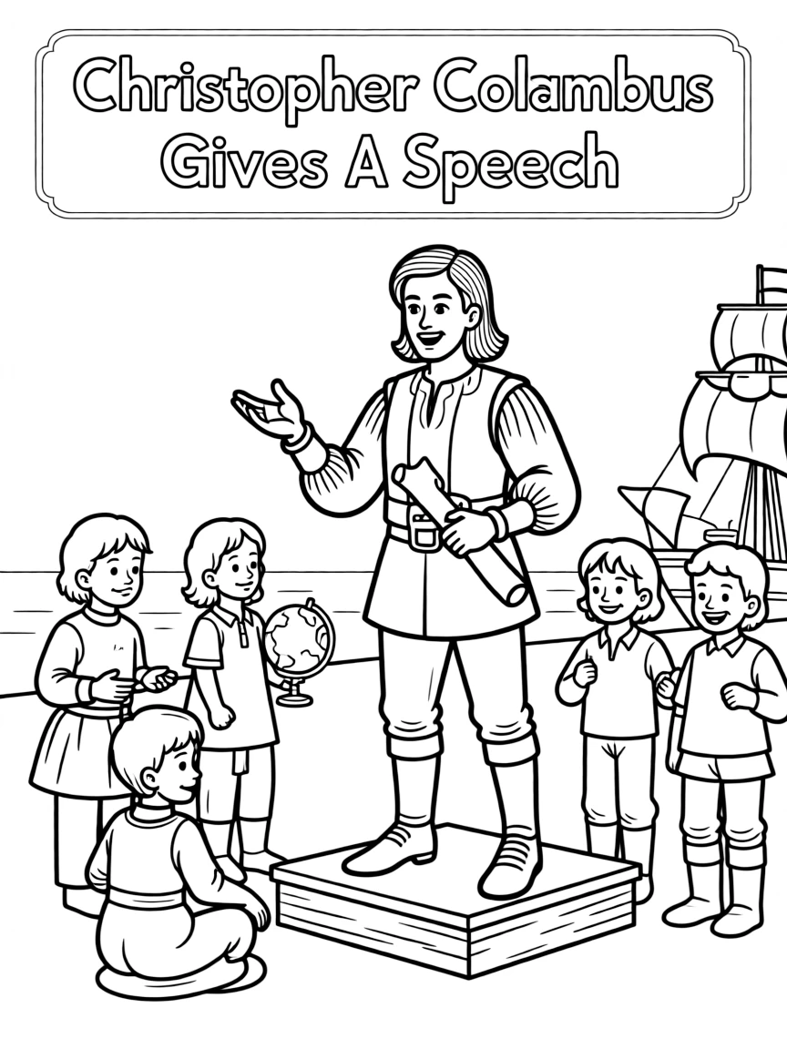 A fun coloring page of Christopher Columbus giving a speech to children.