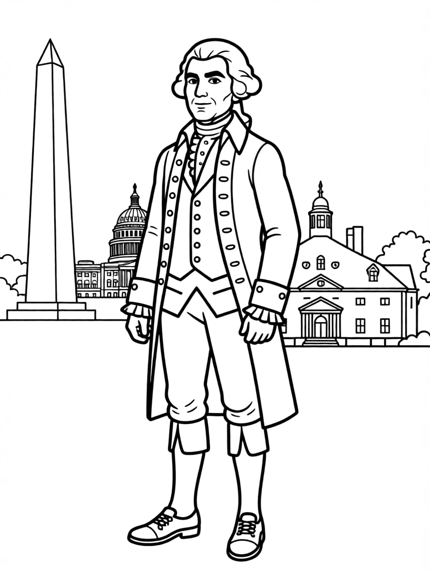 George Washington standing proudly with historical landmarks in the background.