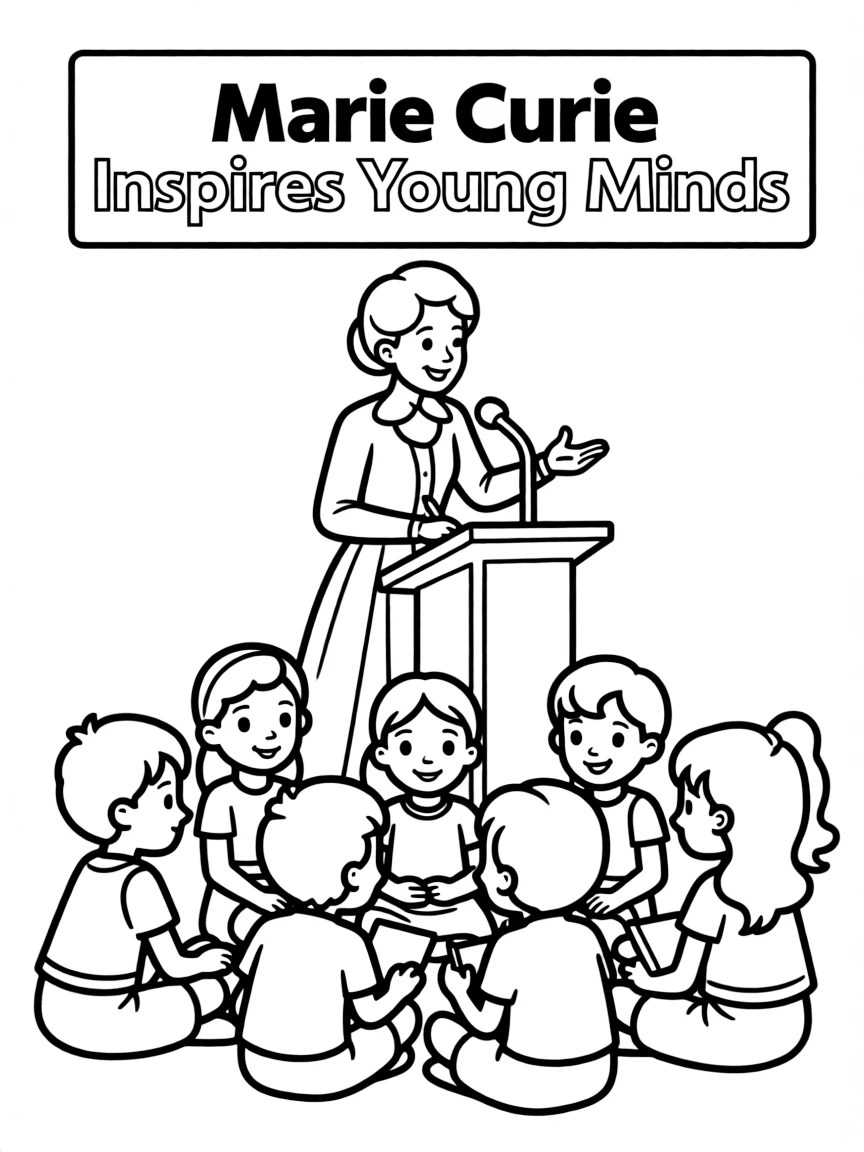 A fun coloring page of Marie Curie giving a speech to children.