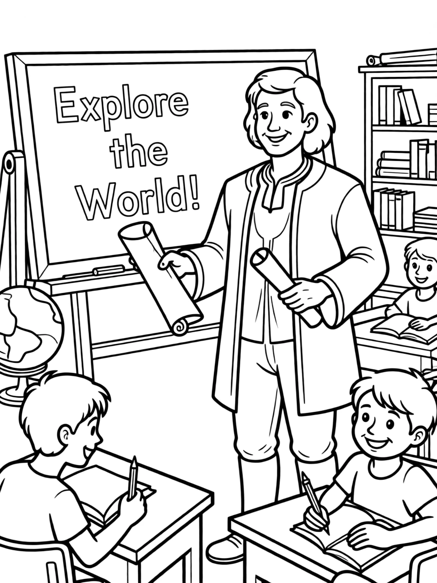 Christopher Columbus teaching children, with educational items like chalkboards and pencils, in a friendly classroom scene.