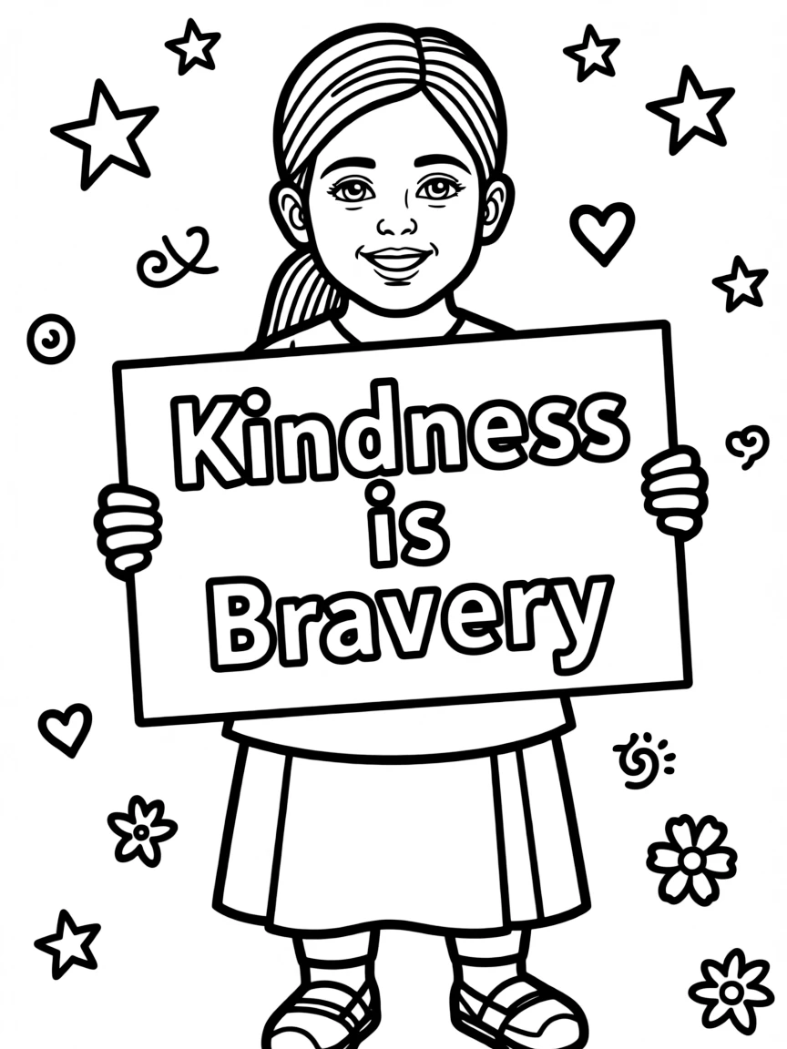 A cute coloring page of Malala Yousafzai holding a sign about kindness or bravery, with stars and doodles around.
