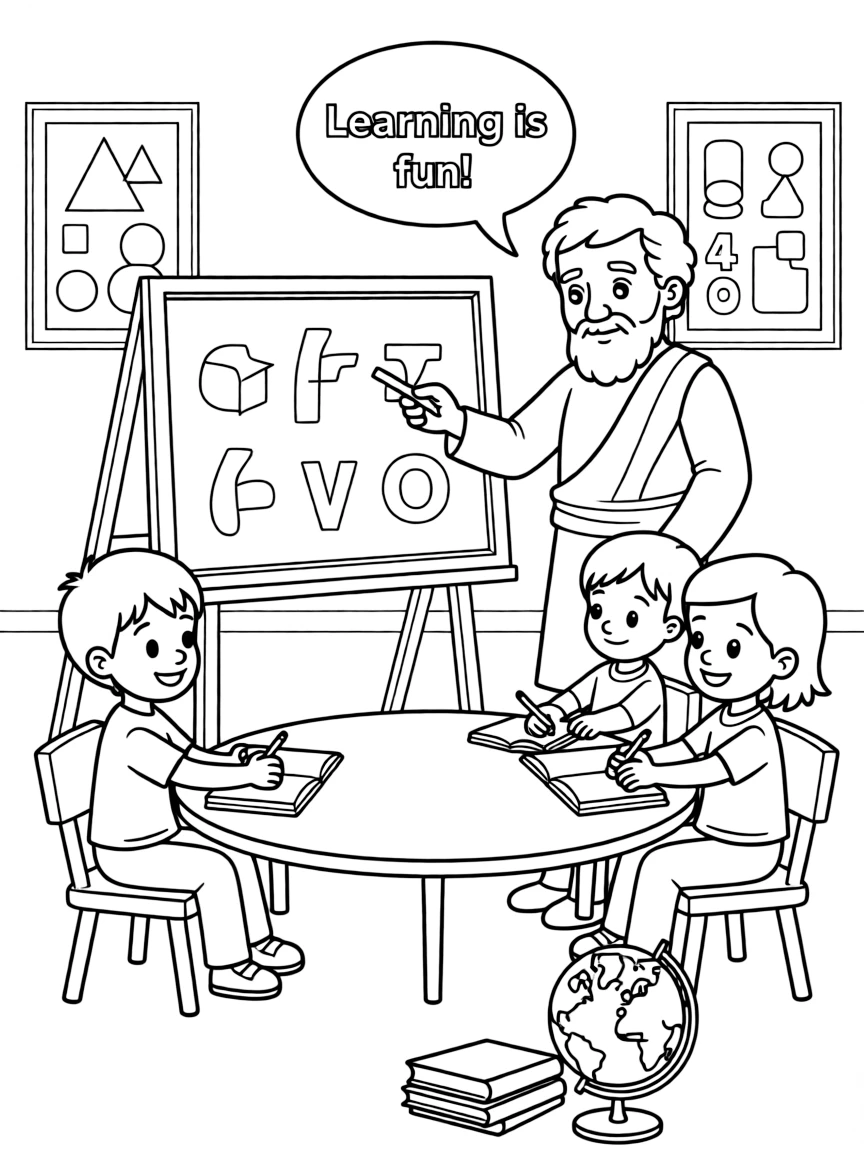 Socrates teaching children, with educational items like chalkboards and pencils, in a friendly classroom scene.