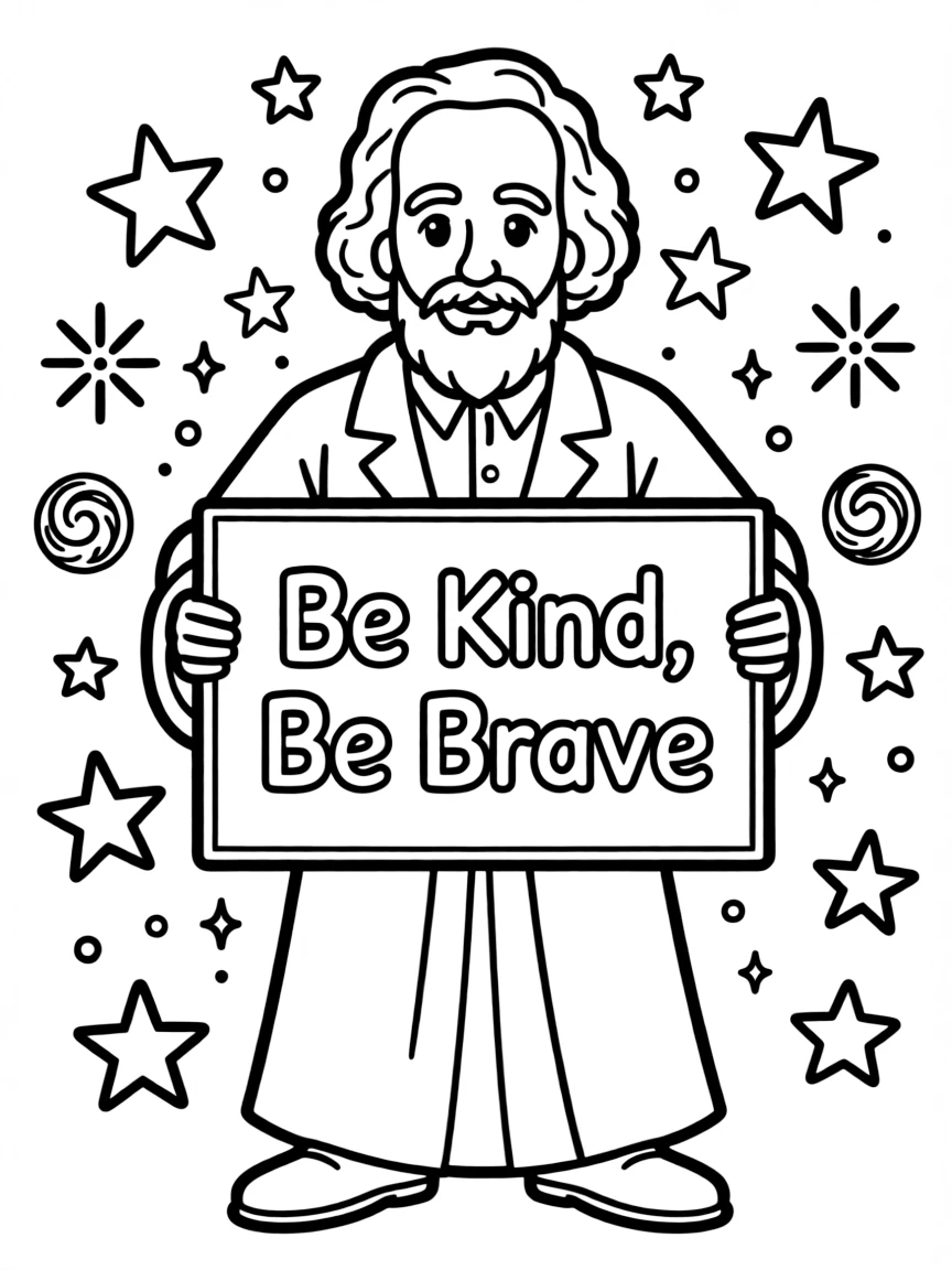 A cute coloring page of Galileo Galilei holding a sign about kindness or bravery, with stars and doodles around.