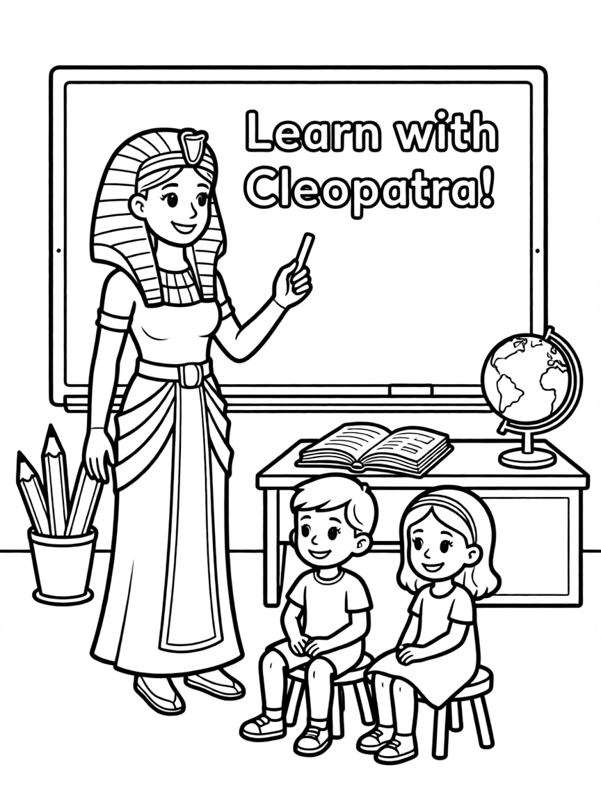 Cleopatra teaching children, with educational items like chalkboards and pencils, in a friendly classroom scene.