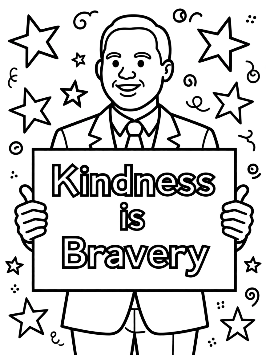 A cute coloring page of Martin Luther King Jr. holding a sign about kindness or bravery, with stars and doodles around.