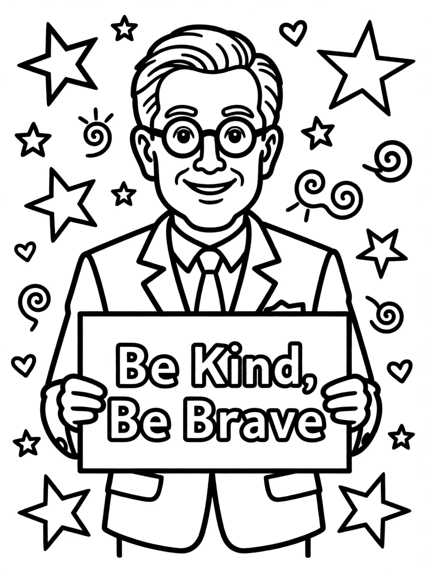 A cute coloring page of Theodore Roosevelt holding a sign about kindness or bravery, with stars and doodles around.