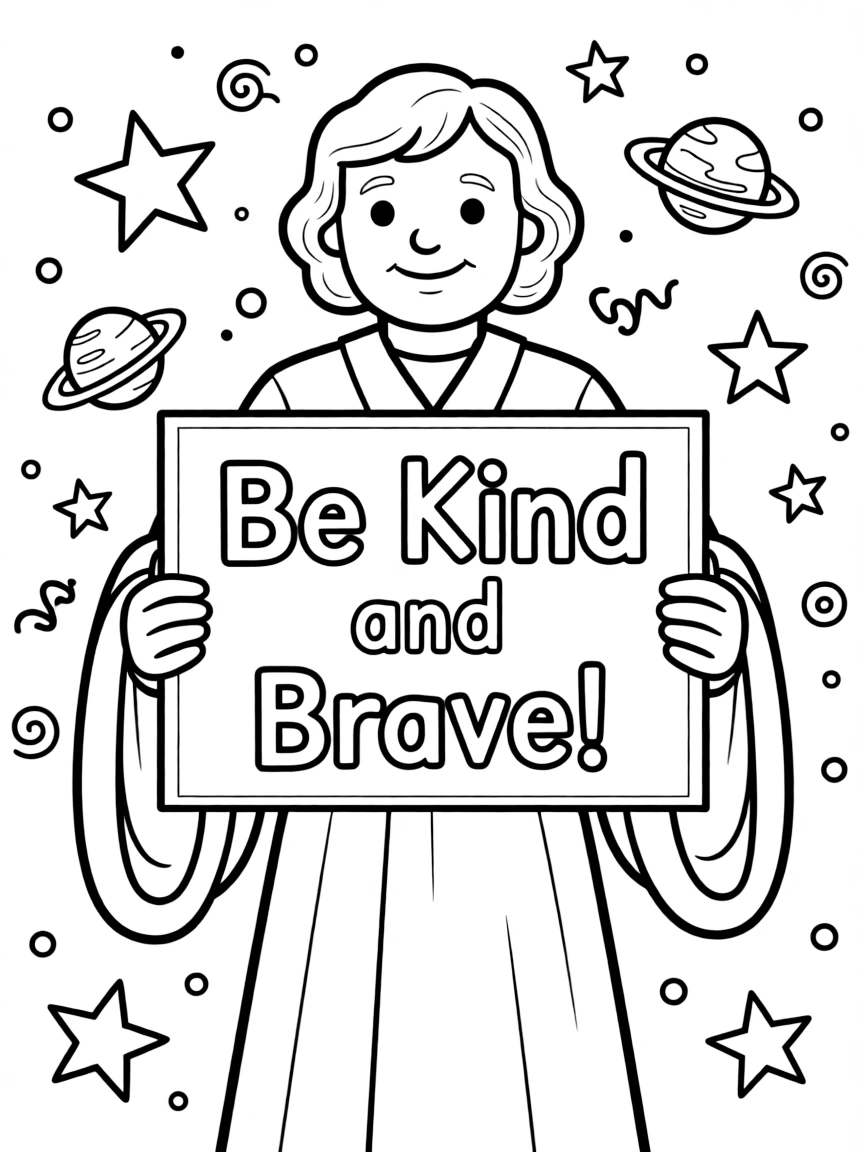 A cute coloring page of Galileo Galilei holding a sign about kindness or bravery, with stars and doodles around.