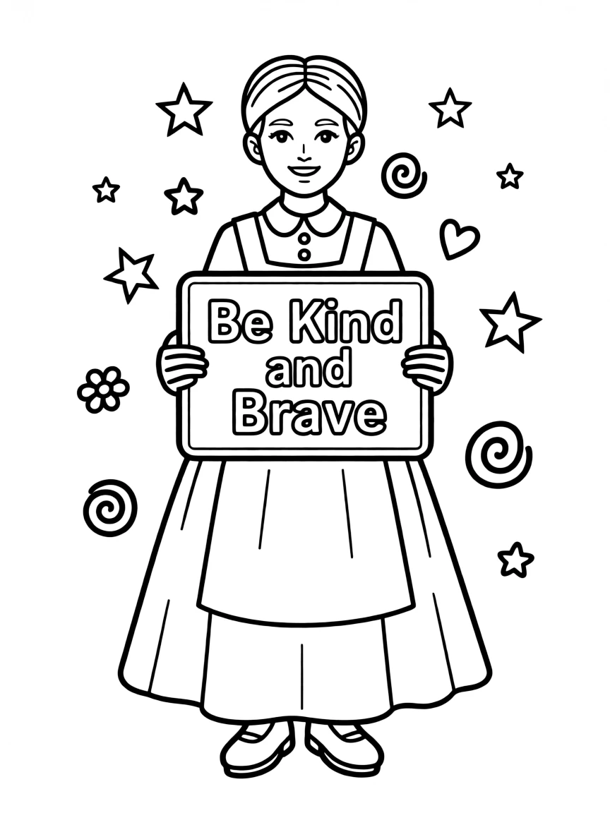 A cute coloring page of Florence Nightingale holding a sign about kindness or bravery, with stars and doodles around.