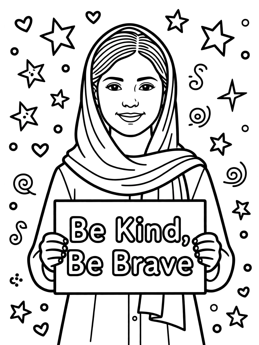 A cute coloring page of Malala Yousafzai holding a sign about kindness or bravery, with stars and doodles around.