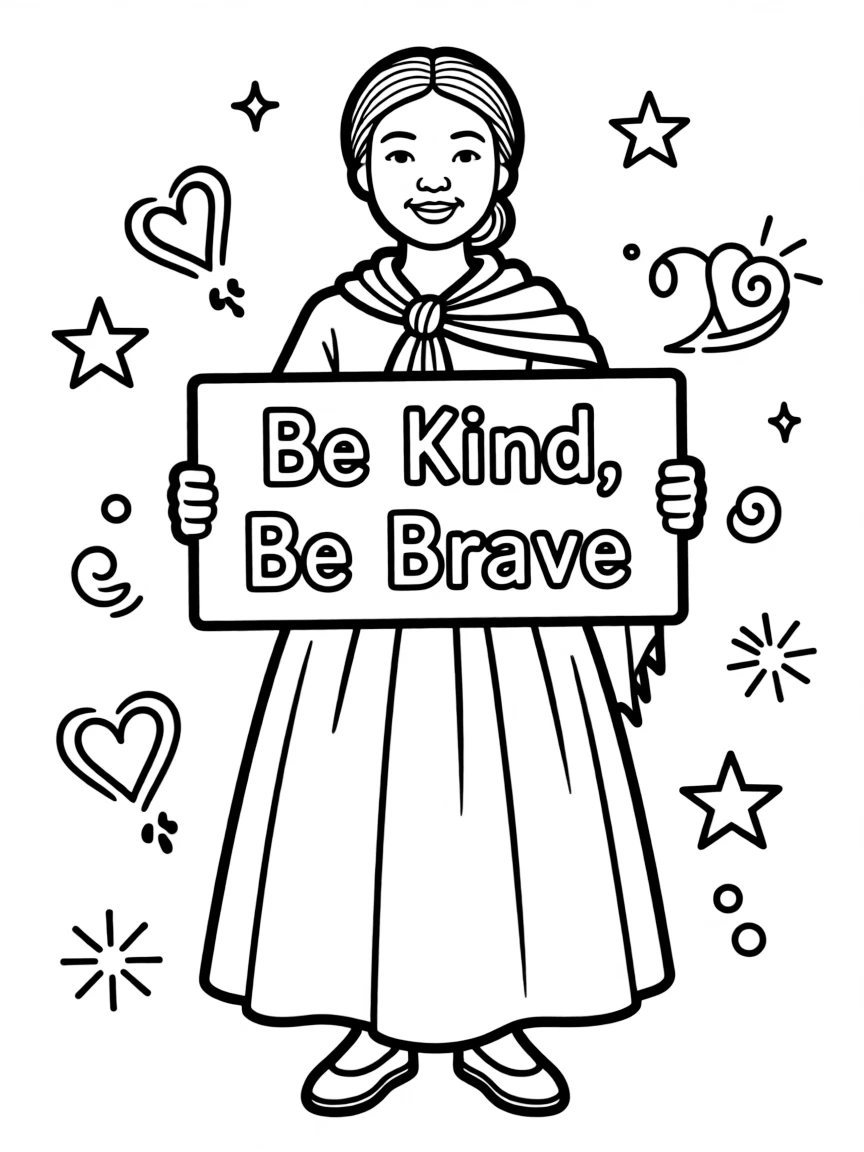 A cute coloring page of Harriet Tubman holding a sign about kindness or bravery, with stars and doodles around.