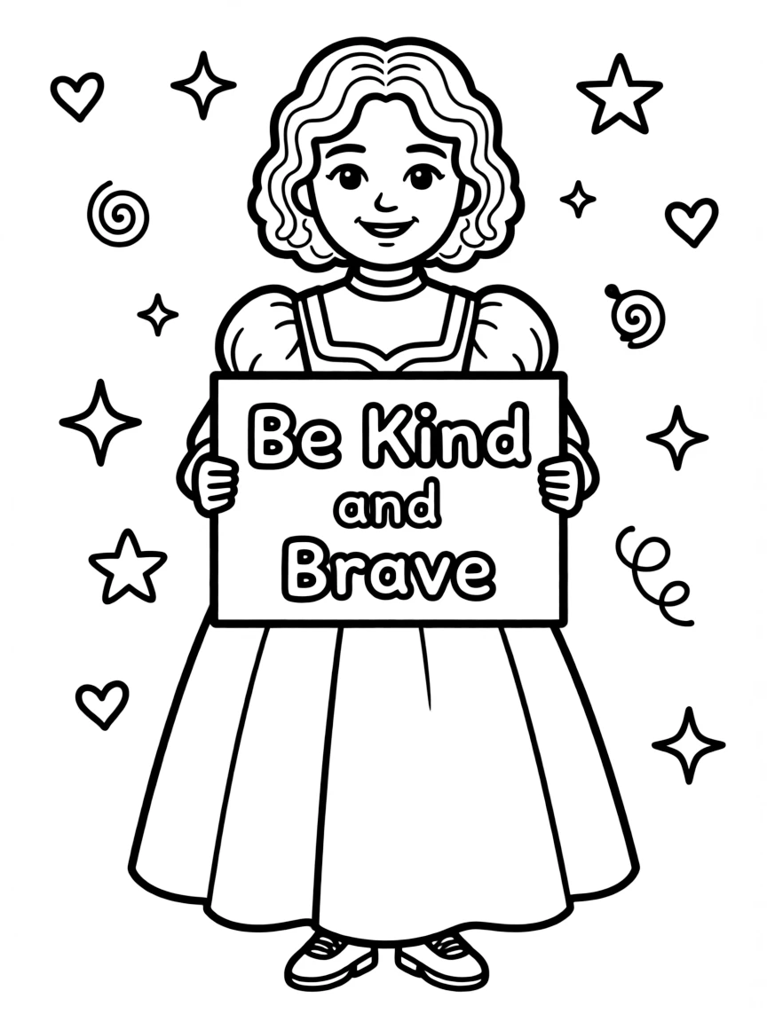 A cute coloring page of Ada Lovelace holding a sign about kindness or bravery, with stars and doodles around.