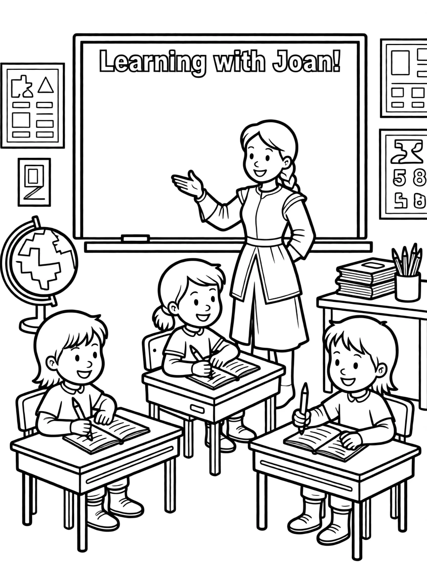 Joan of Arc teaching children, with educational items like chalkboards and pencils, in a friendly classroom scene.