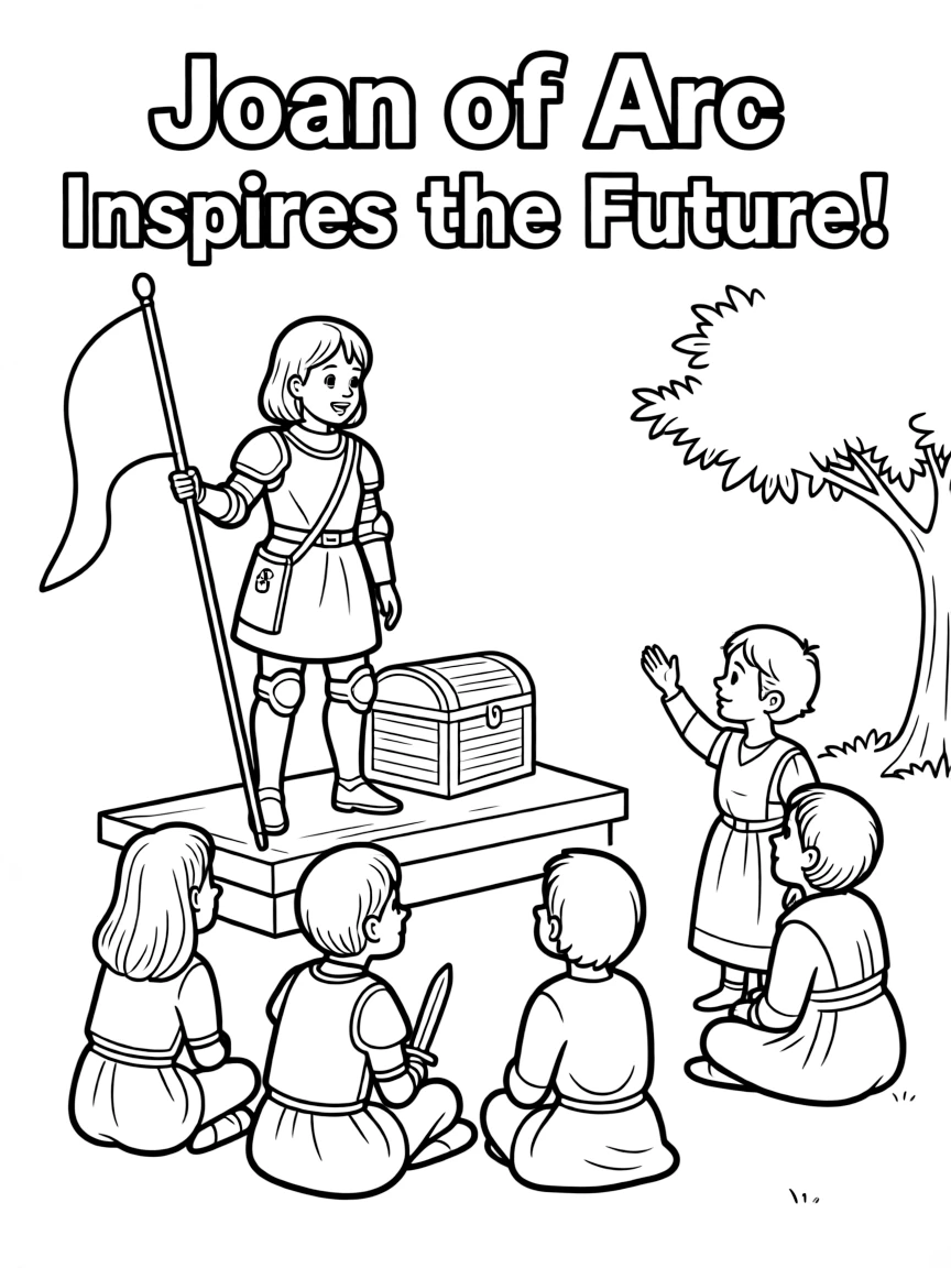 A fun coloring page of Joan of Arc giving a speech to children.