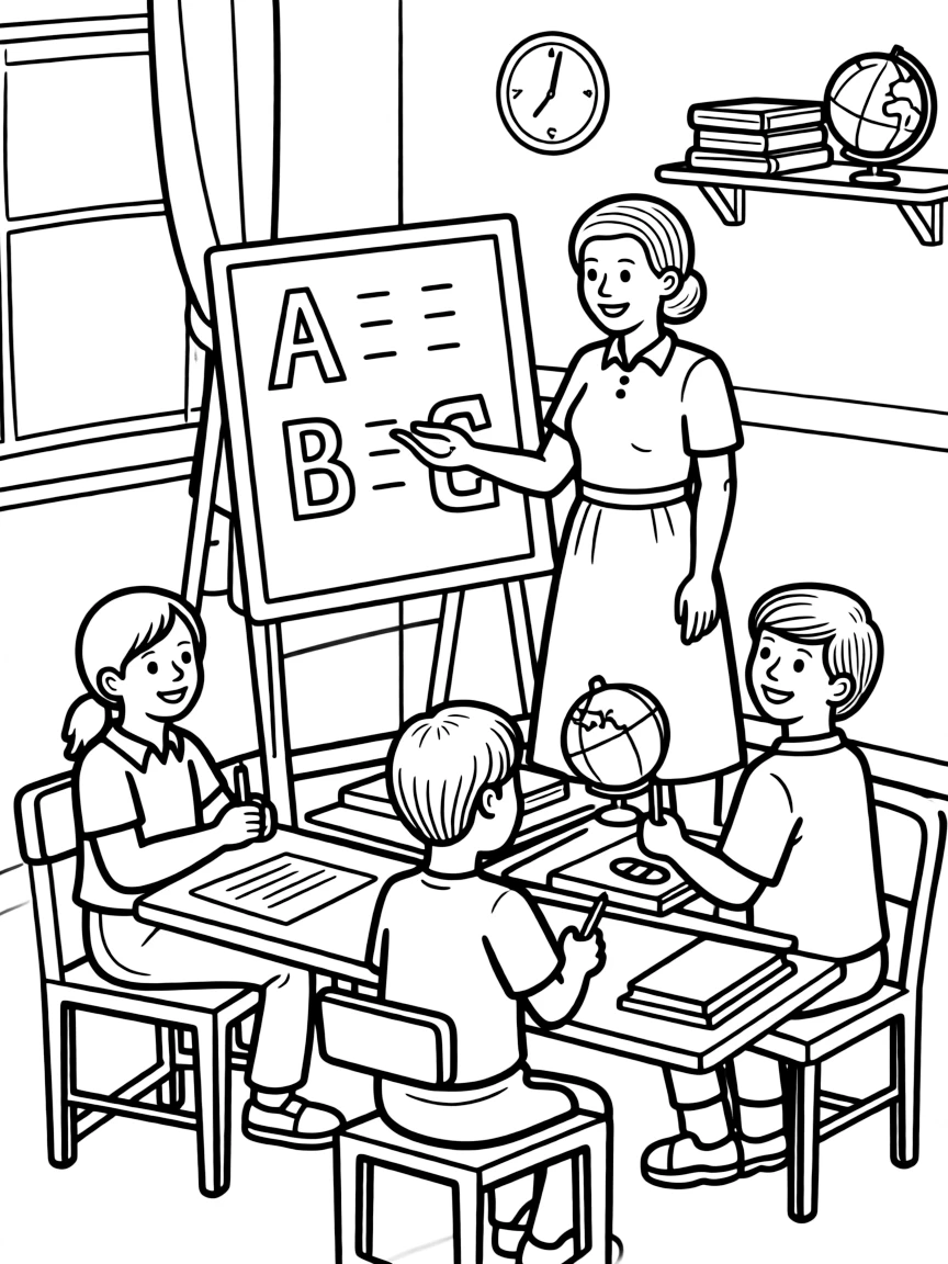 Helen Keller teaching children, with educational items like chalkboards and pencils, in a friendly classroom scene.