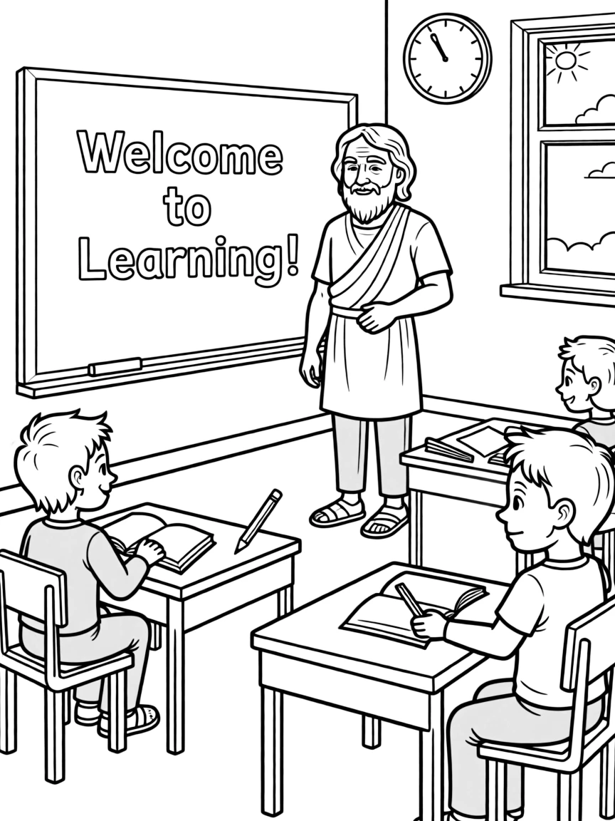 Aristotle teaching children, with educational items like chalkboards and pencils, in a friendly classroom scene.