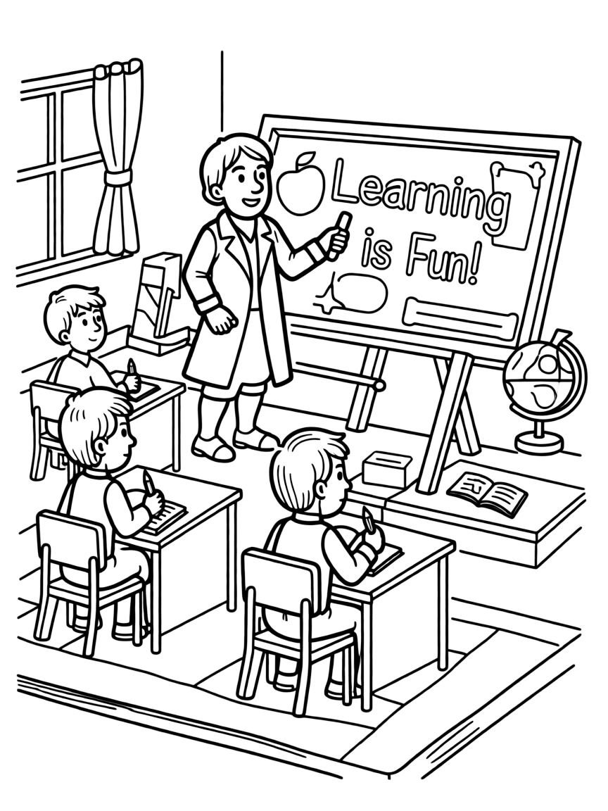 Isaac Newton teaching children, with educational items like chalkboards and pencils, in a friendly classroom scene.