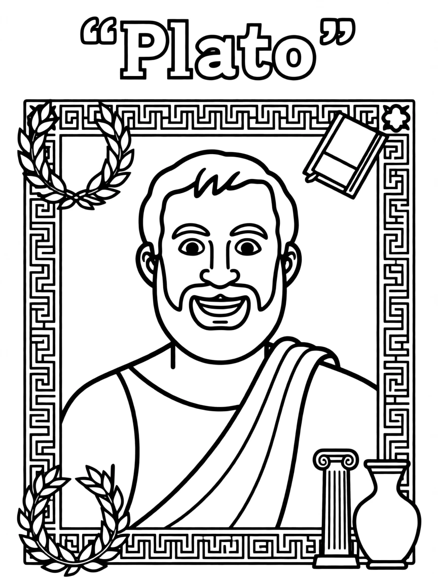 A portrait of Plato with a big smile, framed with decorative borders and symbols of their time period.