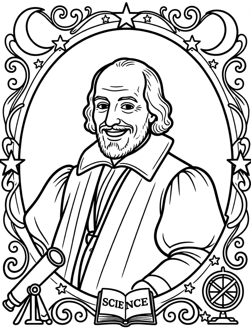 A portrait of Galileo Galilei with a big smile, framed with decorative borders and symbols of their time period.