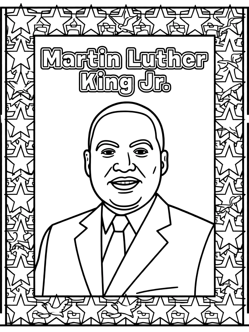 A portrait of Martin Luther King Jr. with a big smile, framed with decorative borders and symbols of their time period.