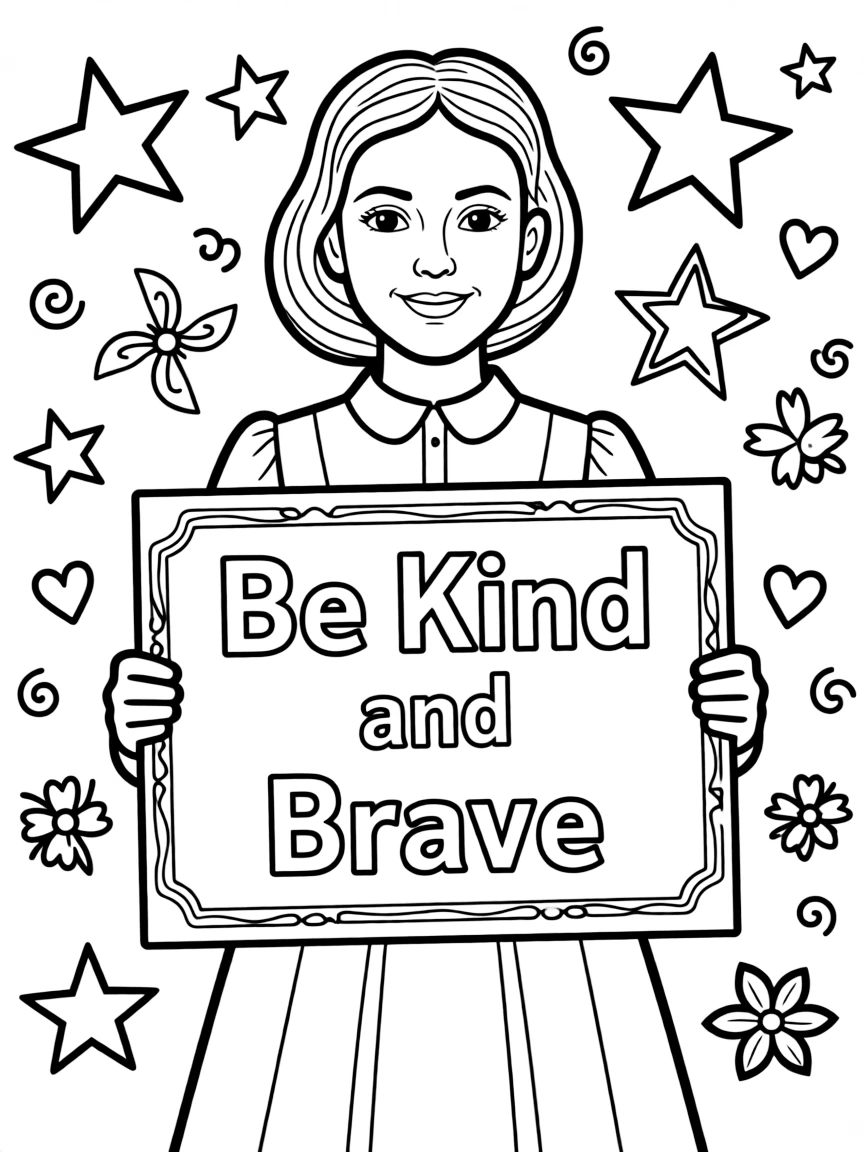 A cute coloring page of Susan B. Anthony holding a sign about kindness or bravery, with stars and doodles around.
