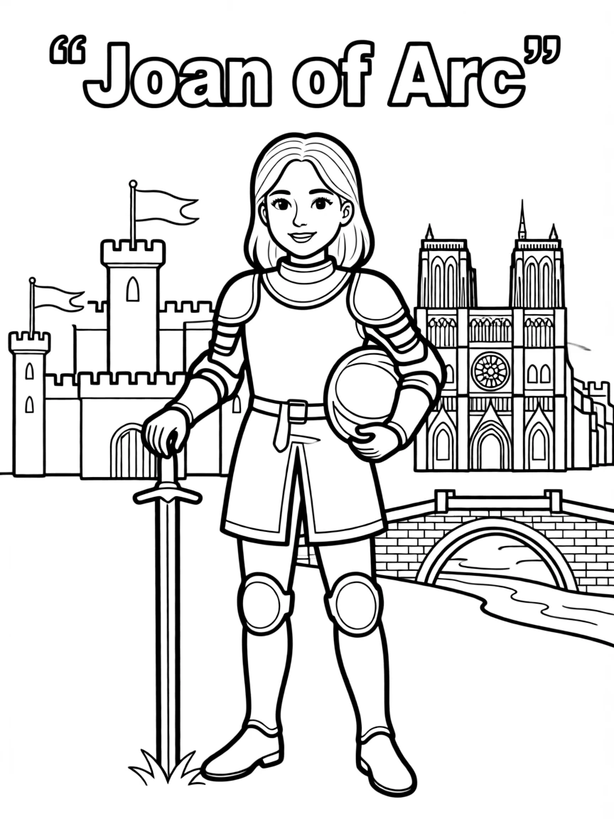 Joan of Arc standing proudly with historical landmarks in the background.