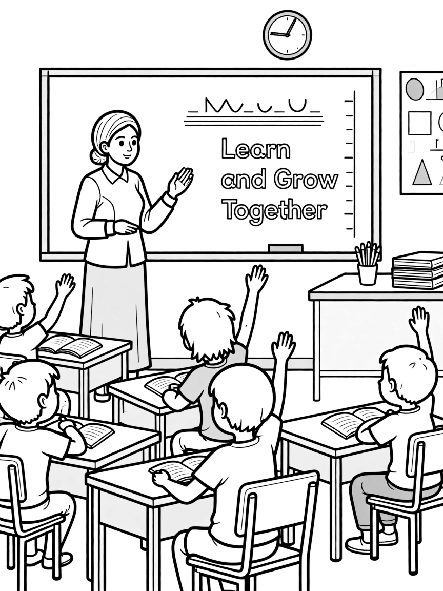 Malala Yousafzai teaching children, with educational items like chalkboards and pencils, in a friendly classroom scene.