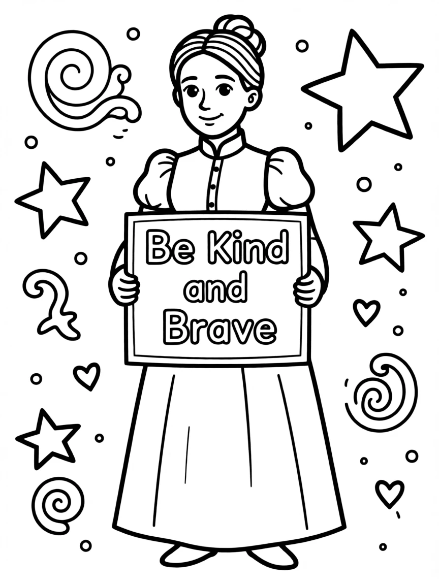 A cute coloring page of Susan B. Anthony holding a sign about kindness or bravery, with stars and doodles around.